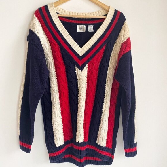 Vintage Jason Maxwell Red White and  Blue V Neck Wool Cotton Pullover L - Picture 5 of 6